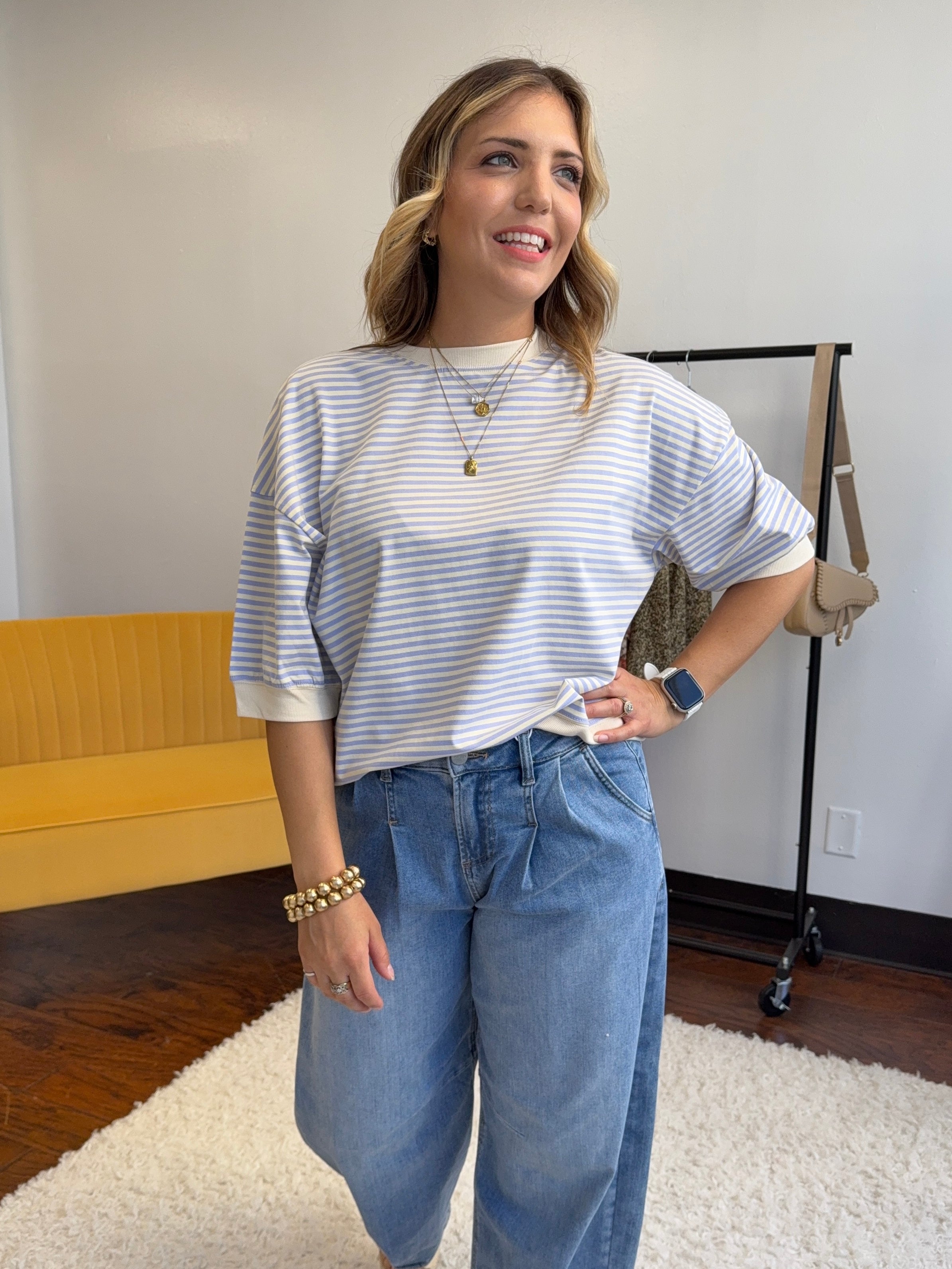 Easy Days and Cool Vibes Striped Oversized Crew Tee-Women's Shirts & Tops-Shop Z & Joxa