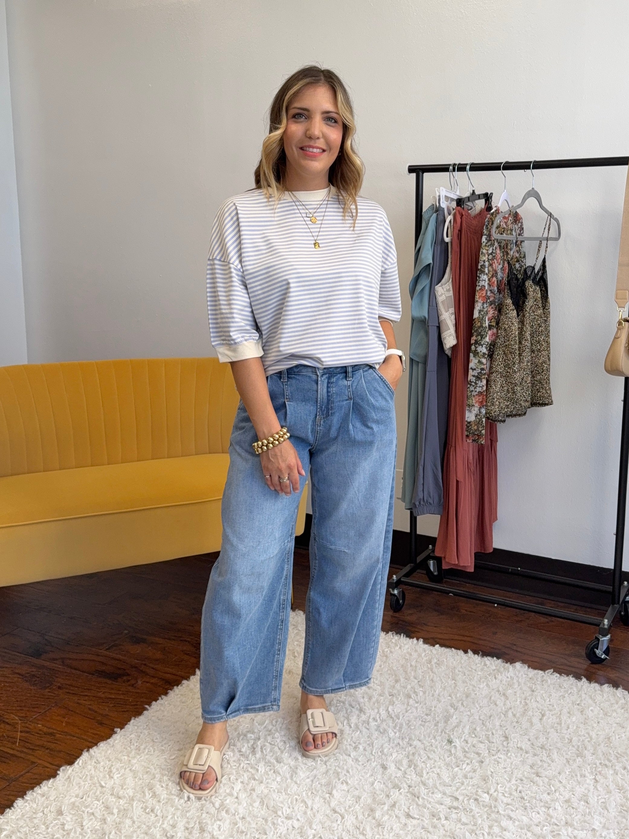 Easy Days and Cool Vibes Striped Oversized Crew Tee-Women's Shirts & Tops-Shop Z & Joxa