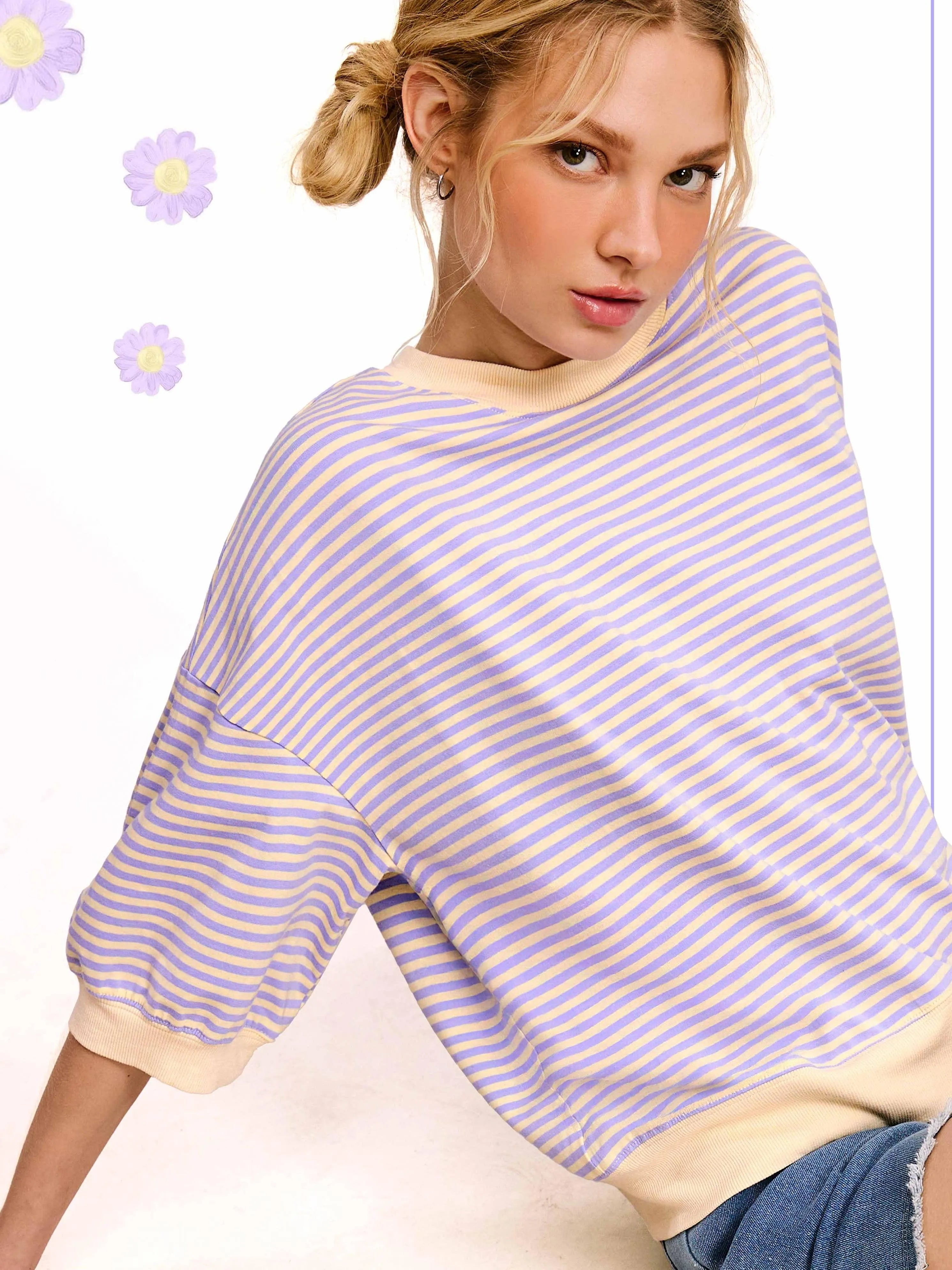 Easy Days and Cool Vibes Striped Oversized Crew Tee-Women's Shirts & Tops-Shop Z & Joxa
