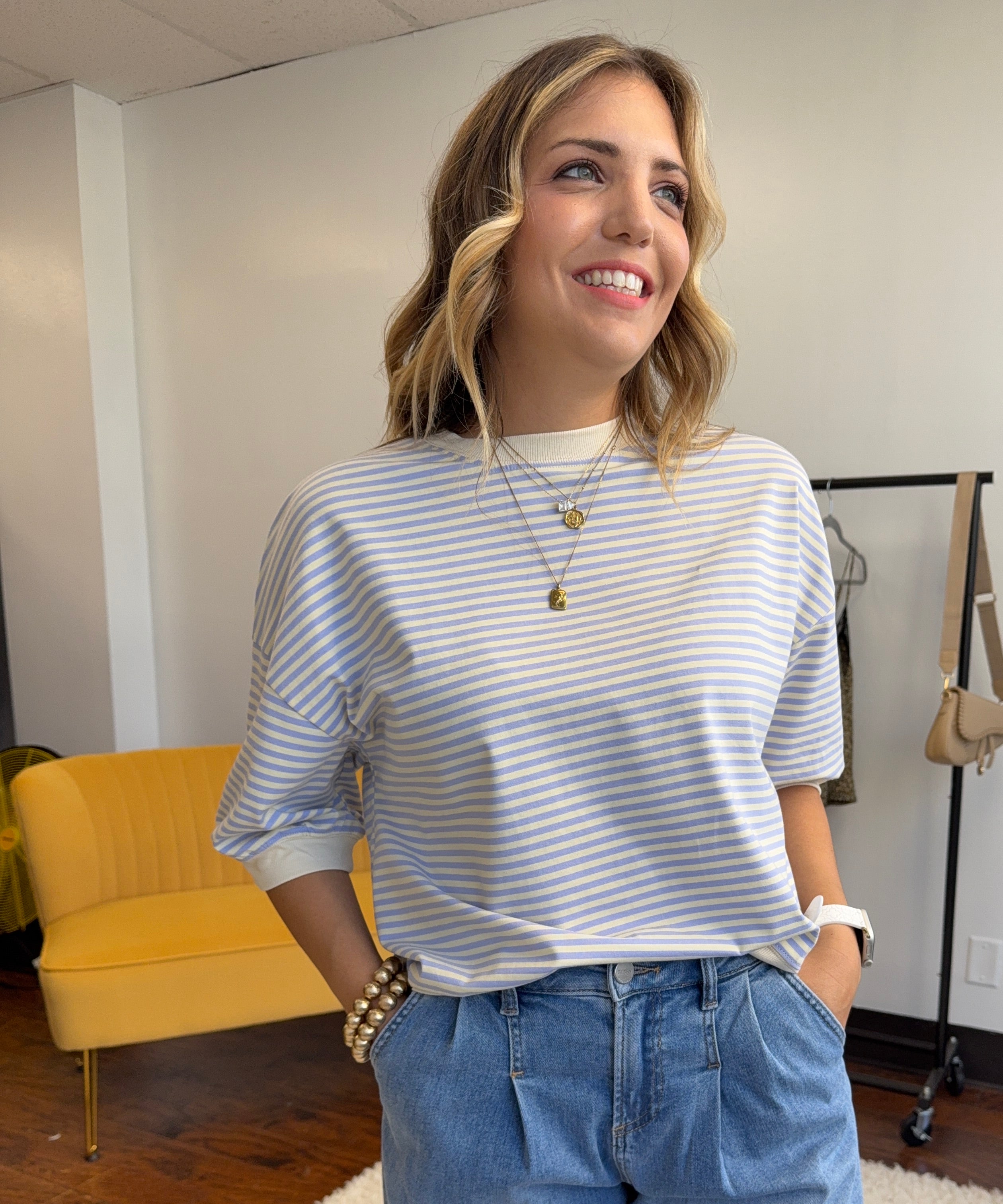 Easy Days and Cool Vibes Striped Oversized Crew Tee-Women's Shirts & Tops-Shop Z & Joxa