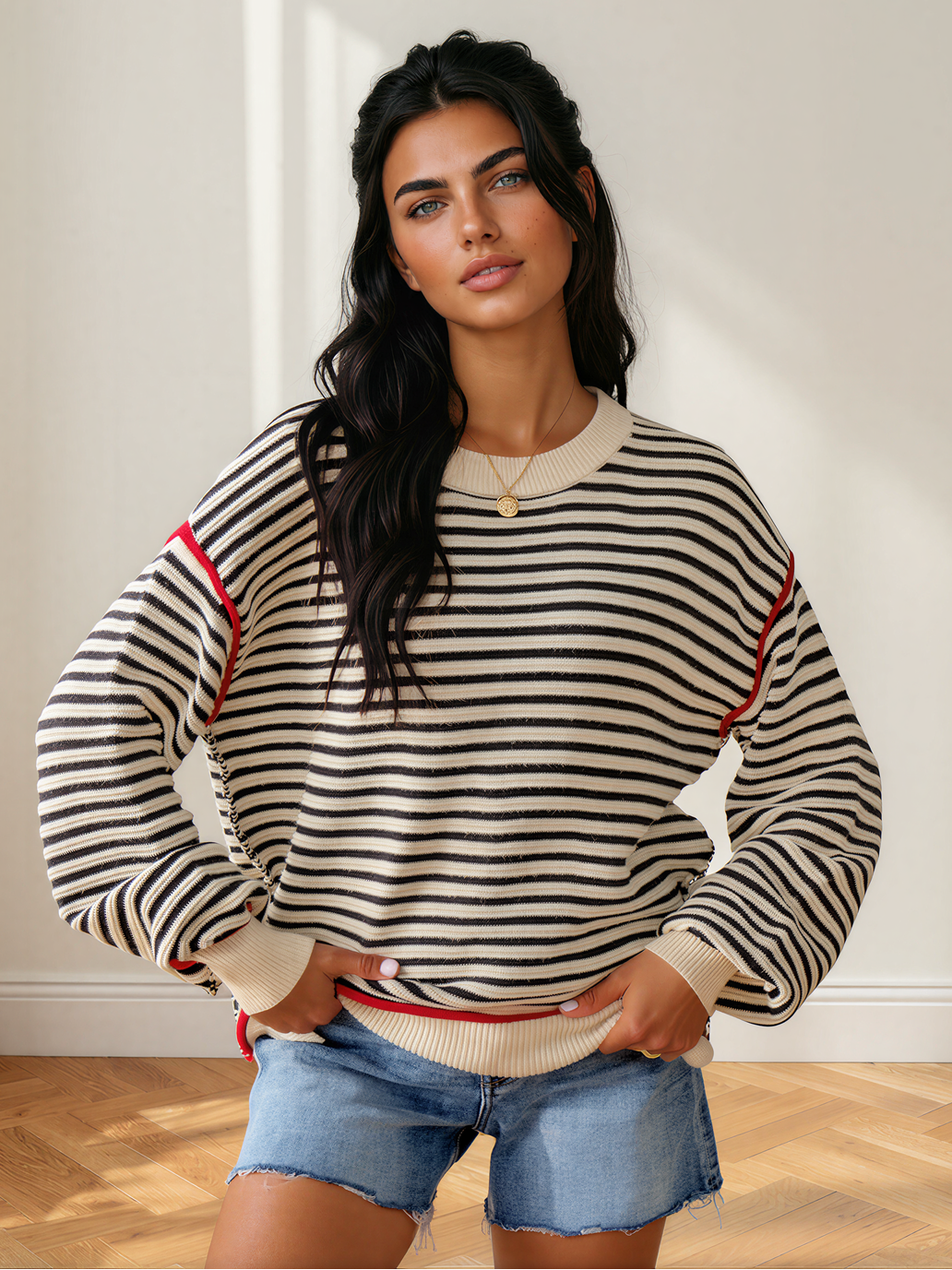 Easy Does It Elle Ribbed Trim Oversized Striped Sweater-Women's Shirts & Tops-Shop Z & Joxa