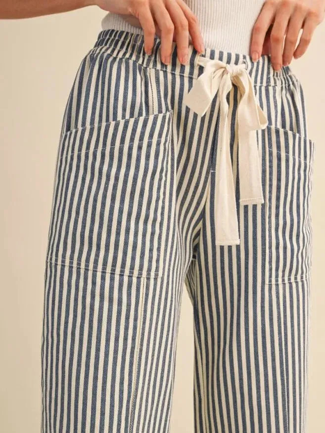 Easy Does It Navy Striped Wide Leg Patch Pocket Pants-Women's Pants-Shop Z & Joxa