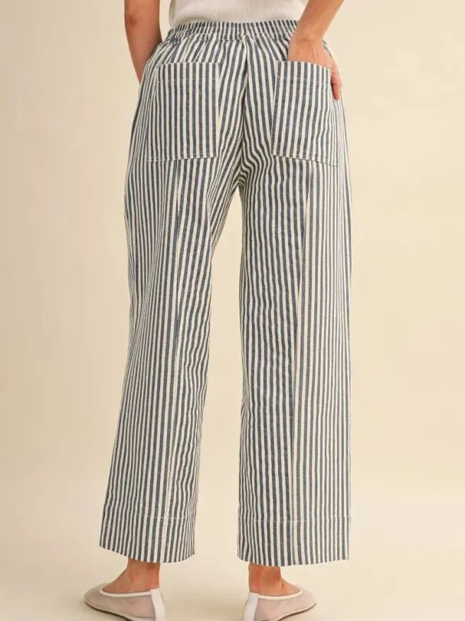 Easy Does It Navy Striped Wide Leg Patch Pocket Pants-Women's Pants-Shop Z & Joxa