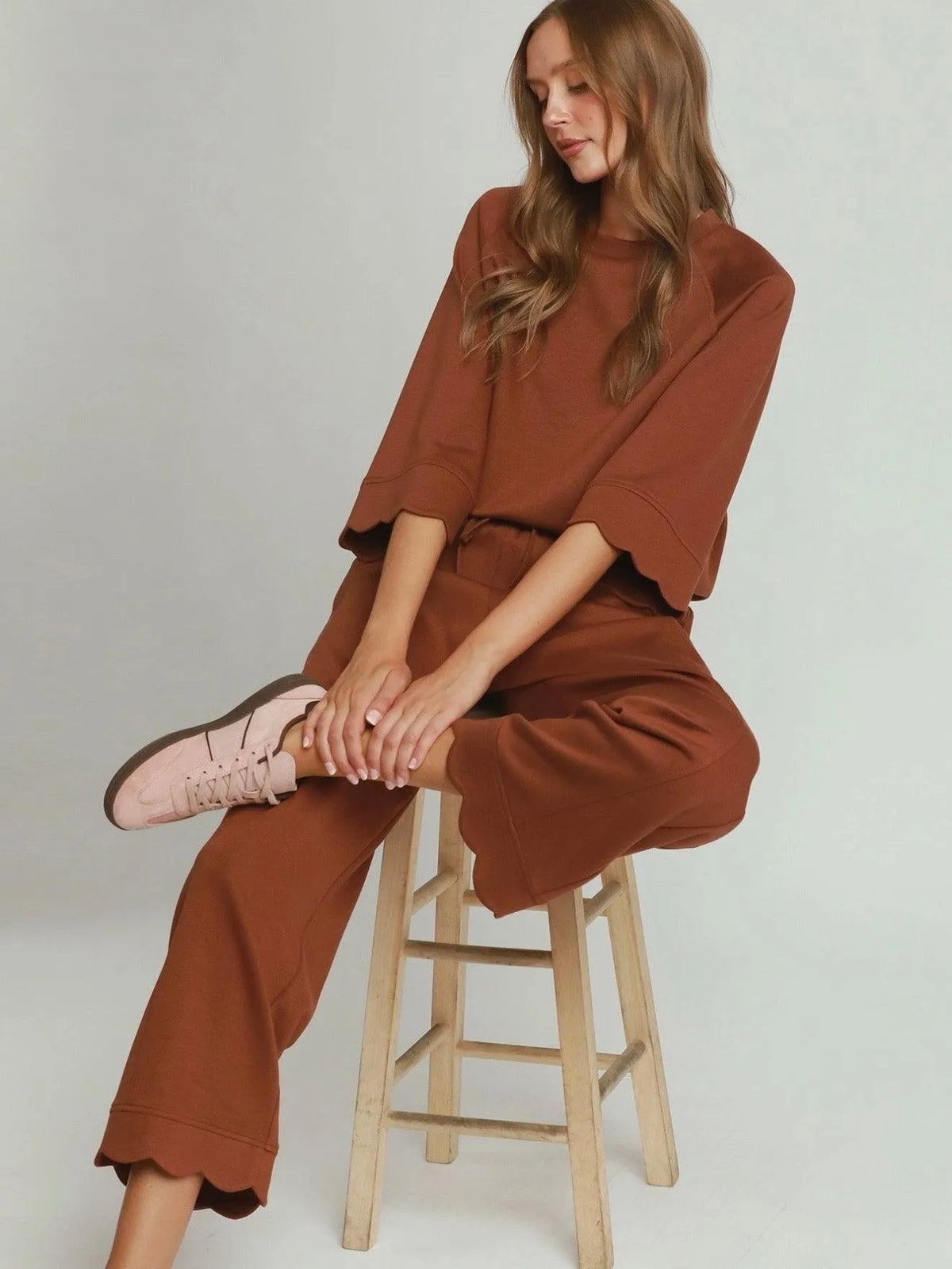Easy Does It Terra Cotta Brown Scallop Trim Lounge Set-Women's Sets-Shop Z & Joxa