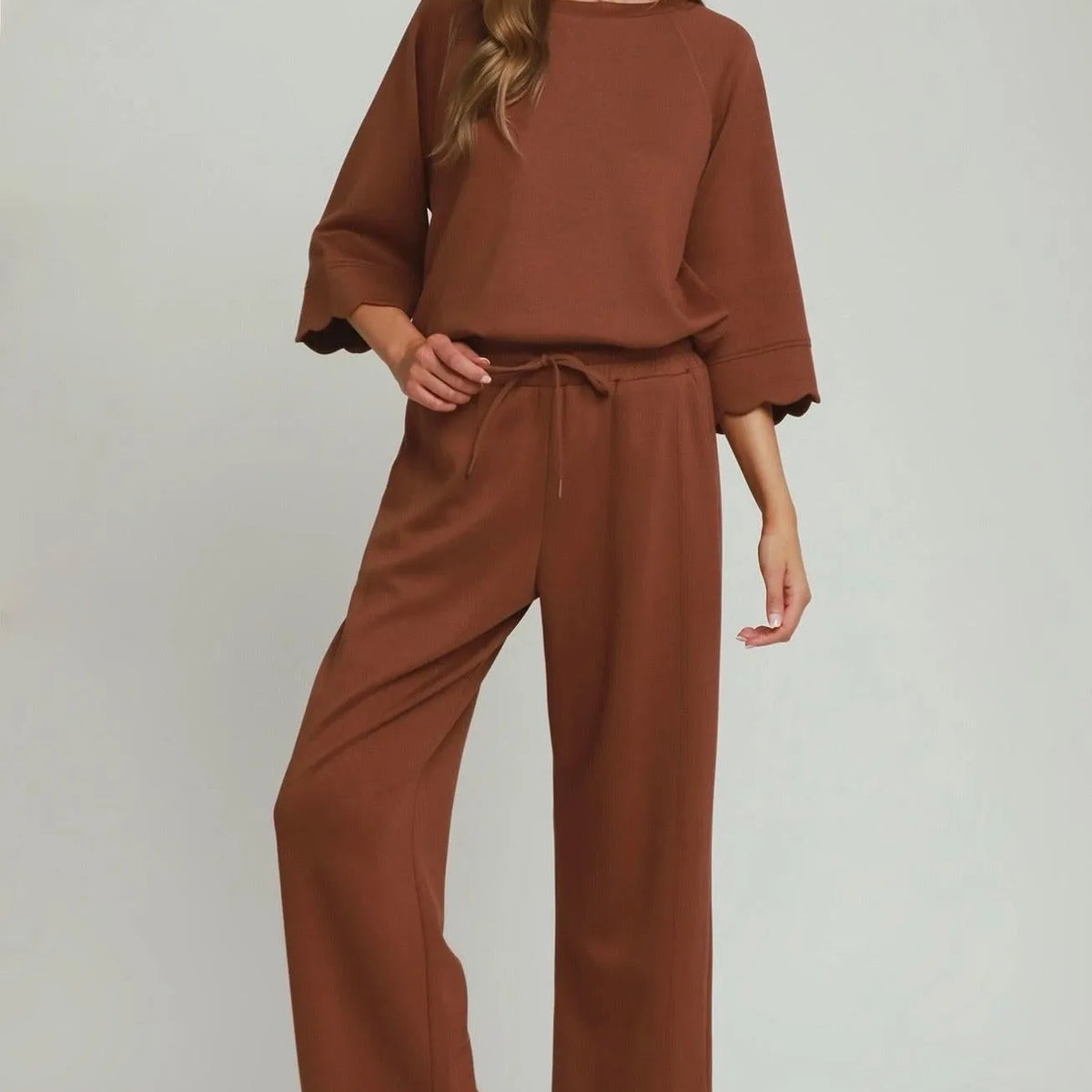 Easy Does It Terra Cotta Brown Scallop Trim Lounge Set-Women's Sets-Shop Z & Joxa