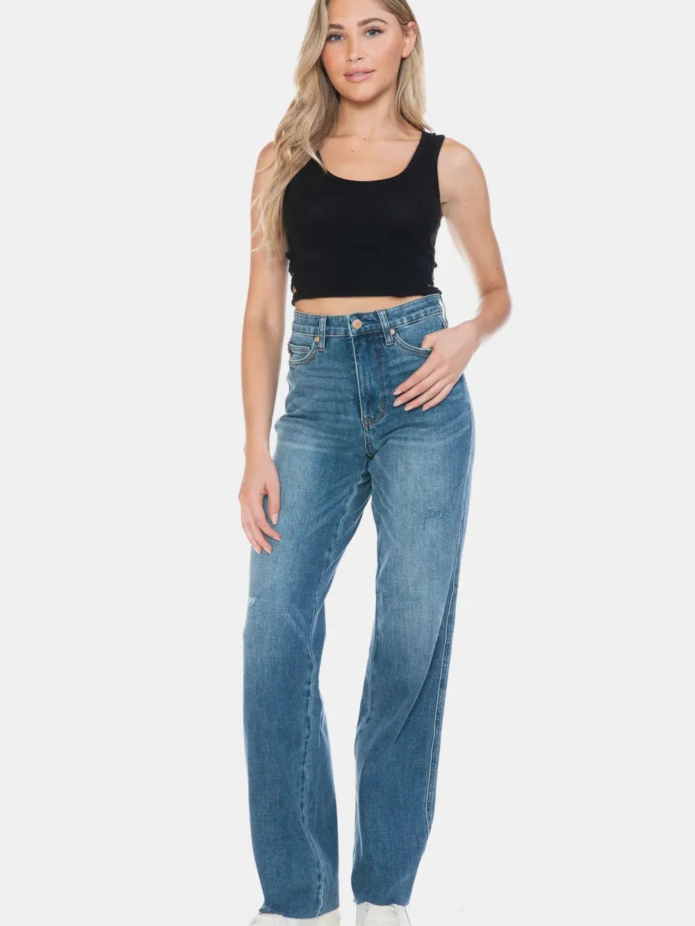 Edge + Ease Tummy Control Raw Hem Straight Jeans by Judy Blue-Women's Jeans-Shop Z & Joxa