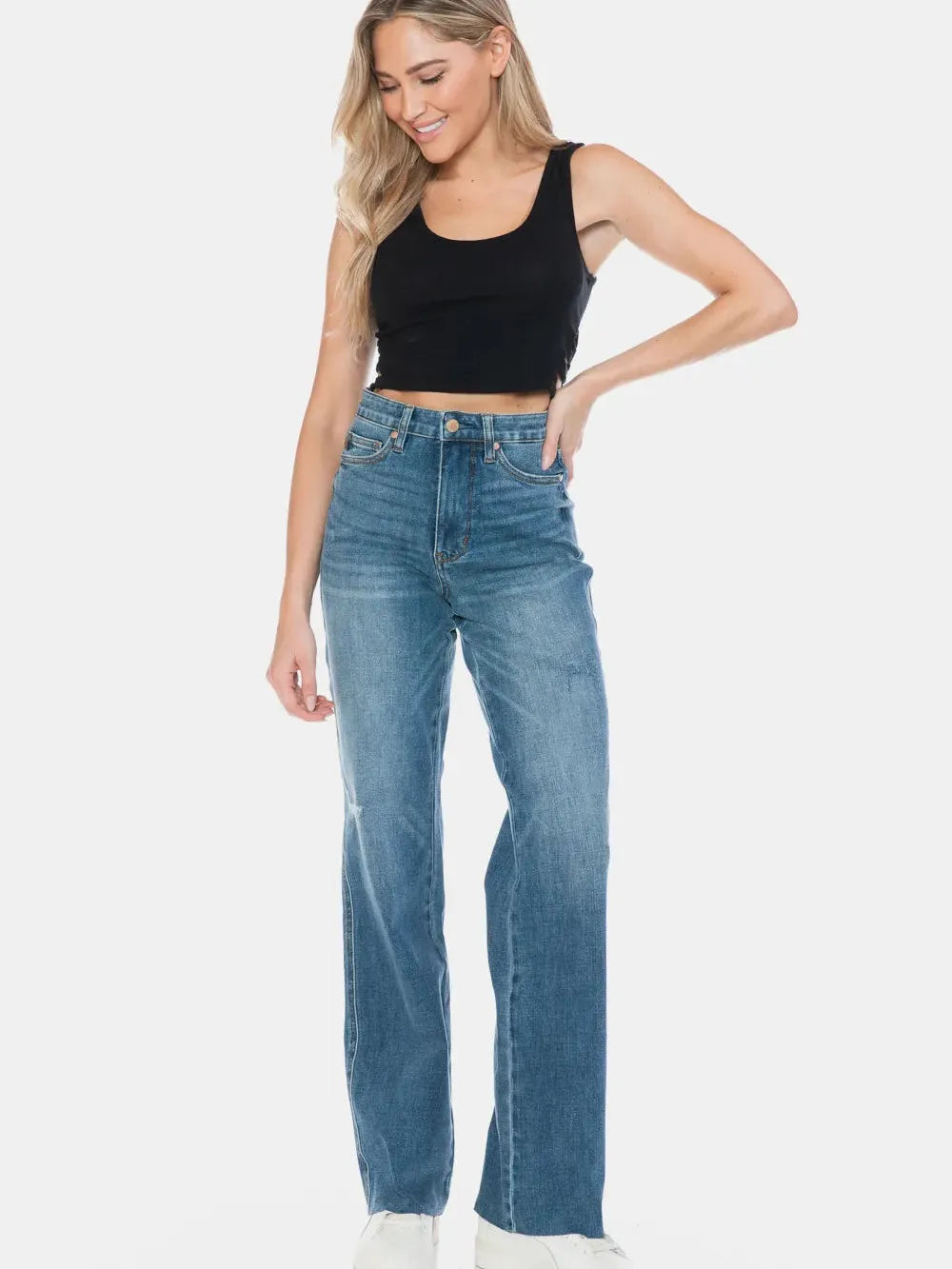 Edge + Ease Tummy Control Raw Hem Straight Jeans by Judy Blue-Women's Jeans-Shop Z & Joxa