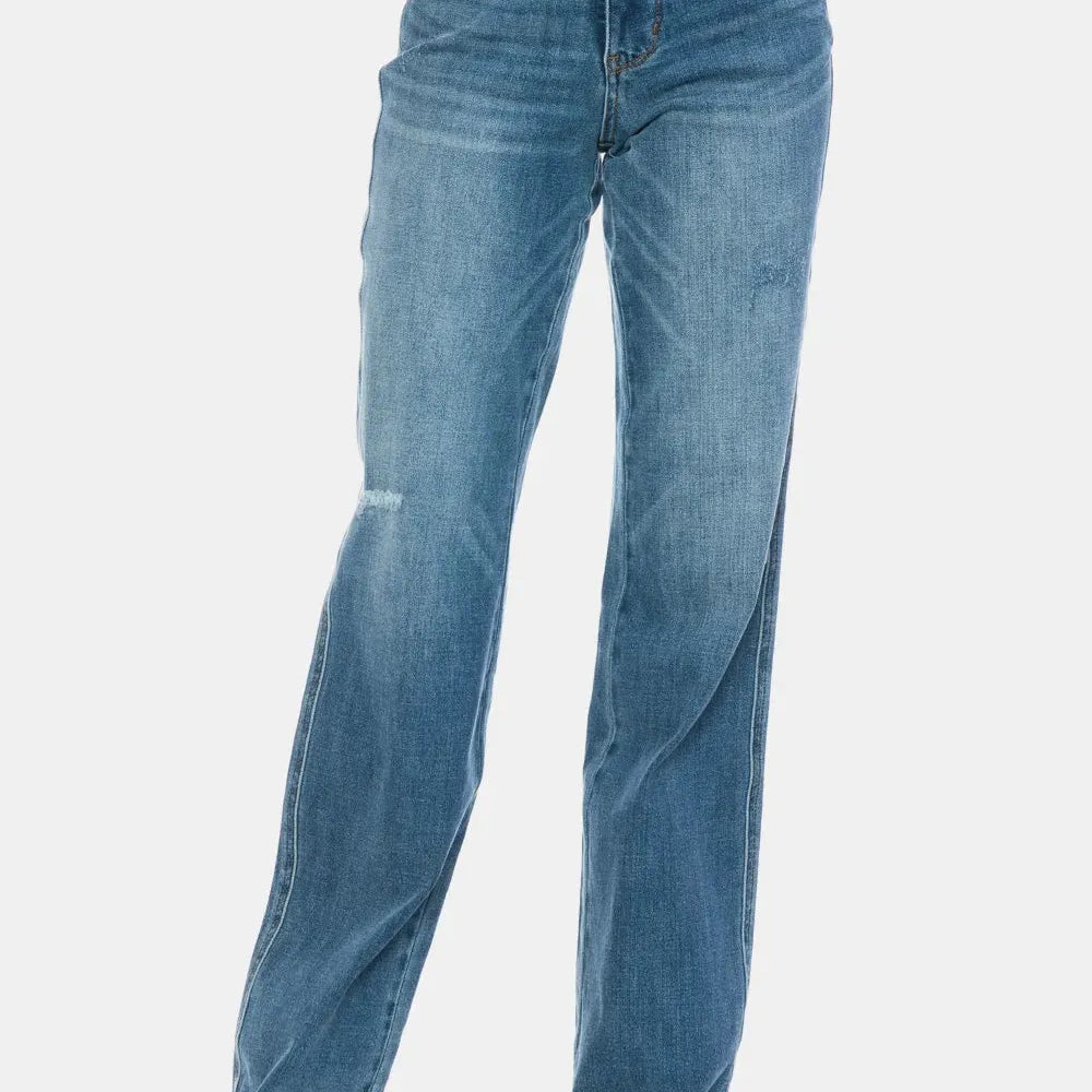 Edge + Ease Tummy Control Raw Hem Straight Jeans by Judy Blue-Women's Jeans-Shop Z & Joxa