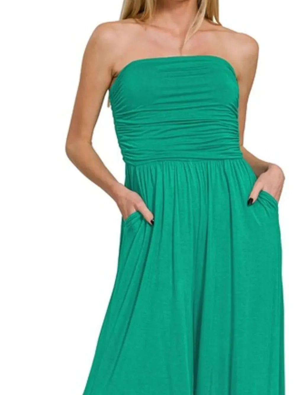Emerald Elegance Strapless Palazzo Pocket Jumpsuit by Zenana-Women's Jumpsuits-Shop Z & Joxa