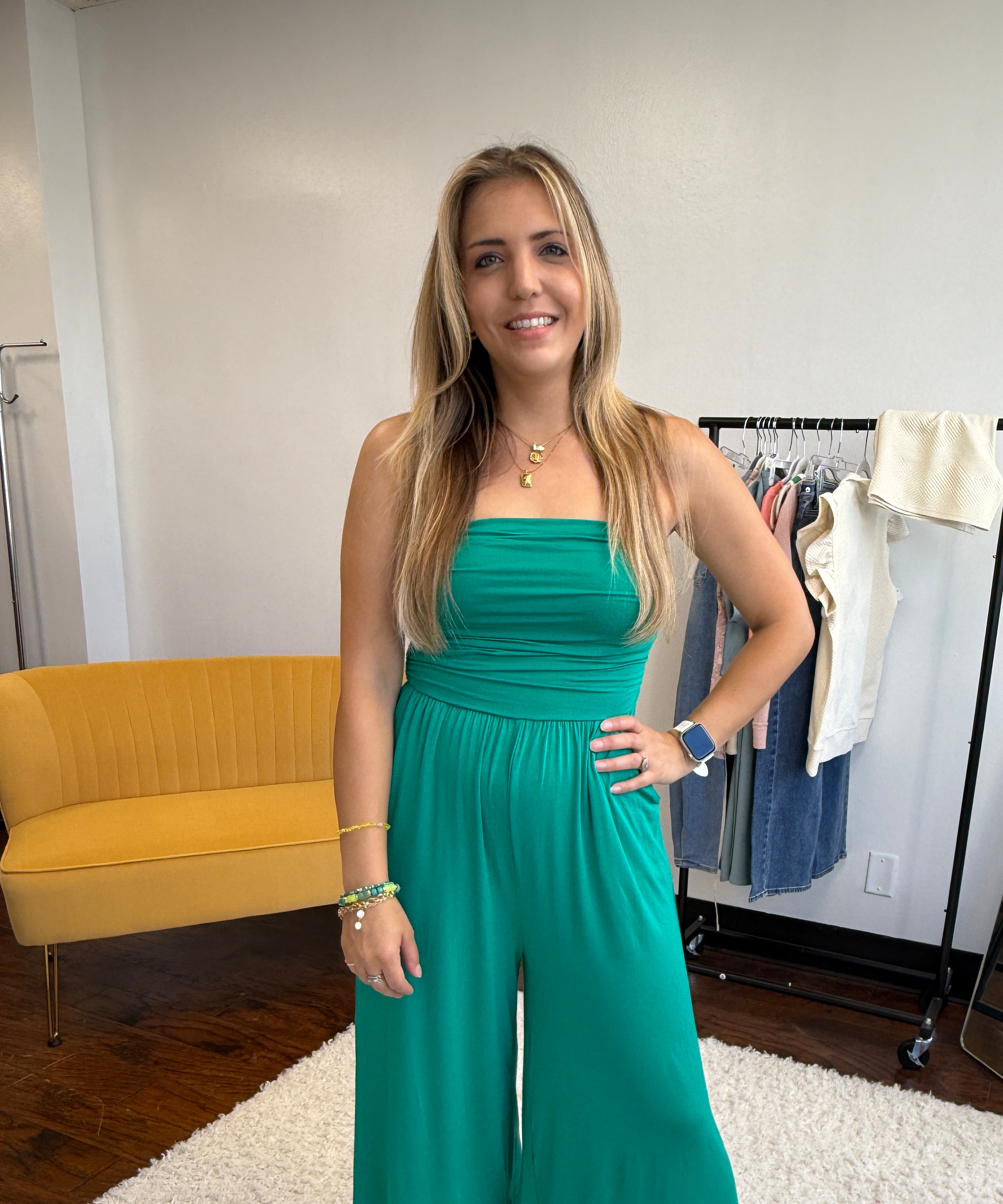 Emerald Elegance Strapless Palazzo Pocket Jumpsuit by Zenana-Women's Jumpsuits-Shop Z & Joxa