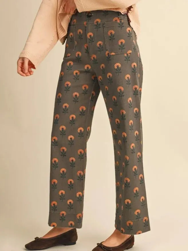 Flower Power Olive Floral High Rise Wide Leg Pants-Women's Pants-Shop Z & Joxa