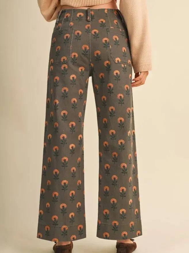 Flower Power Olive Floral High Rise Wide Leg Pants-Women's Pants-Shop Z & Joxa