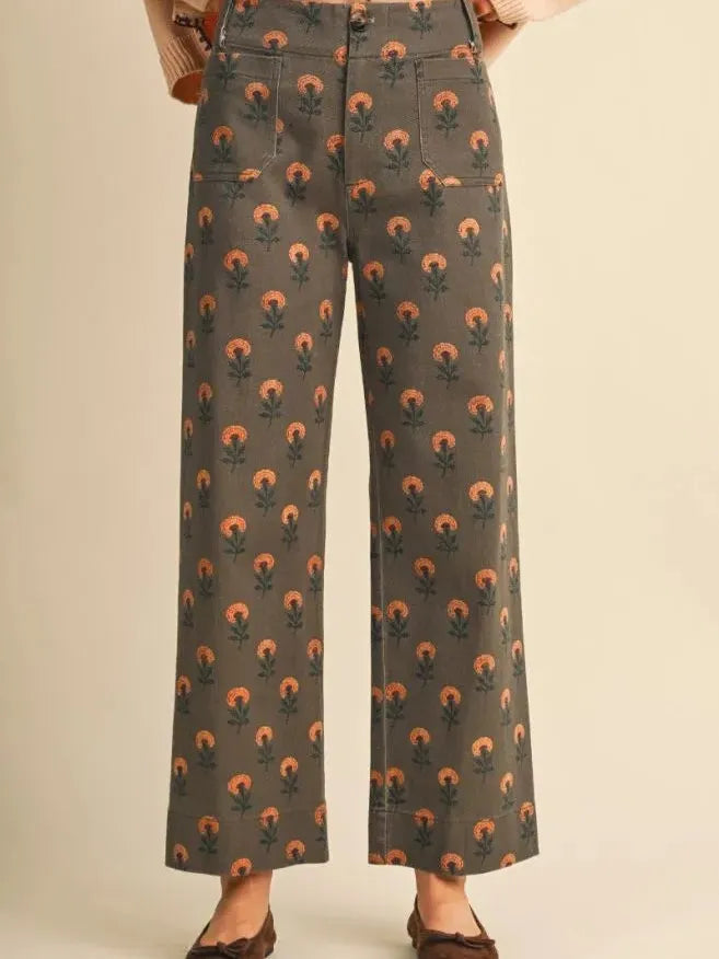 Flower Power Olive Floral High Rise Wide Leg Pants-Women's Pants-Shop Z & Joxa
