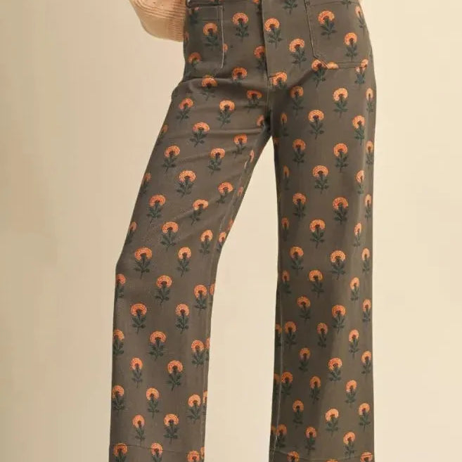 Flower Power Olive Floral High Rise Wide Leg Pants-Women's Pants-Shop Z & Joxa