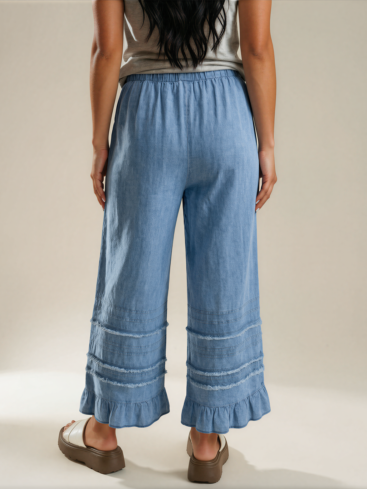 Frankly Darling Ruffled Hem Wide Leg Chambray Pants-Women's Jeans-Shop Z & Joxa