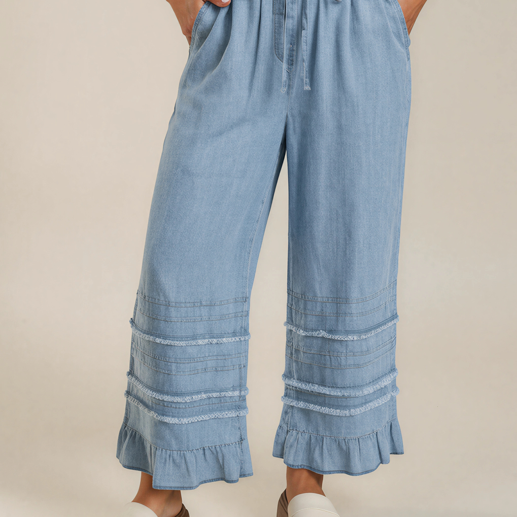 Frankly Darling Ruffled Hem Wide Leg Chambray Pants-Women's Jeans-Shop Z & Joxa