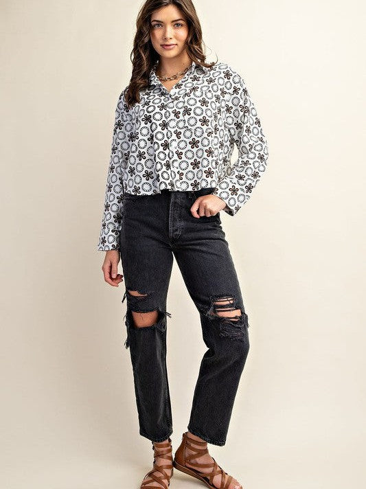 Give Me a Lil' Vintage Flair Cropped Button Shirt-Women's Clothing-Shop Z & Joxa