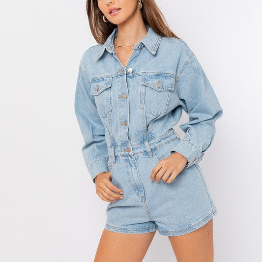 Go Free, Go lively, Go Denim Long Sleeve Romper-Women's Rompers-Shop Z & Joxa