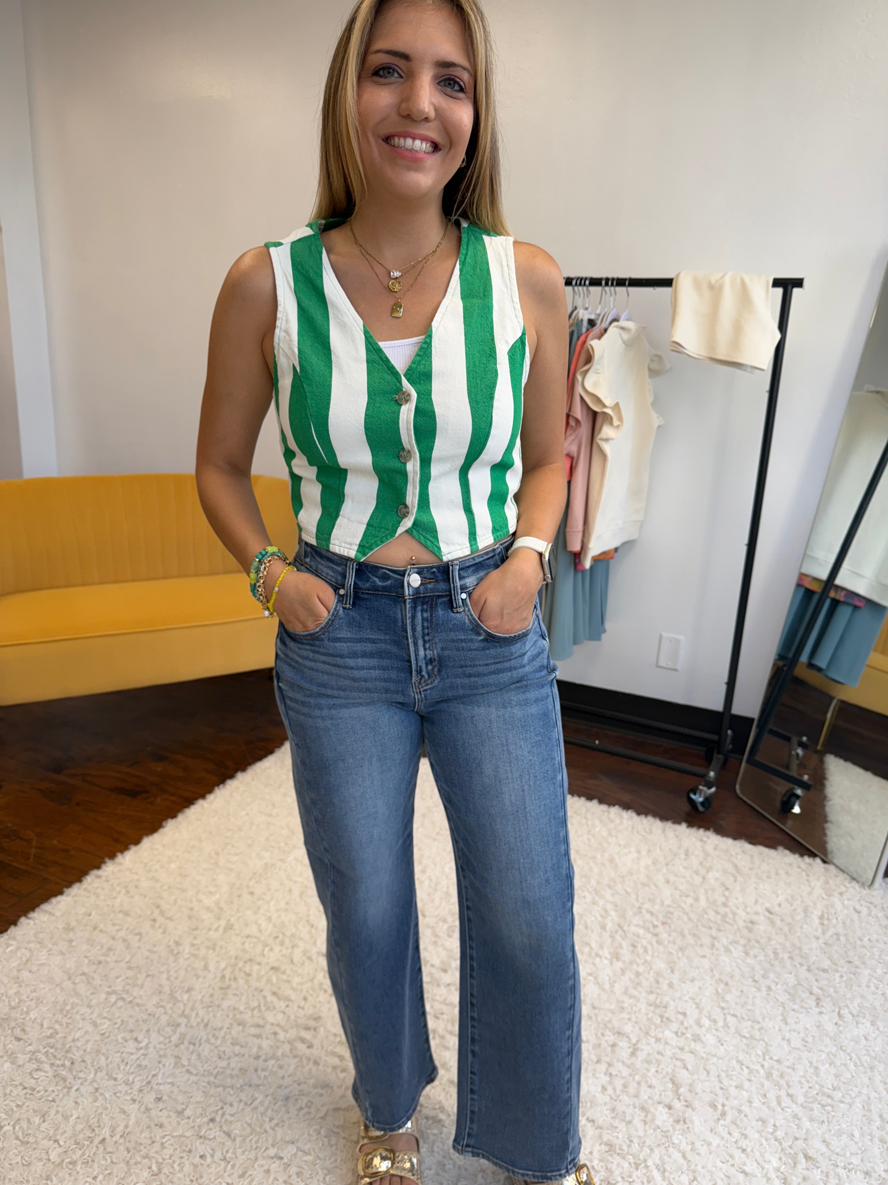 HYFVE Green Ivy Striped V-Neck Button Down Vest-Women's Shirts & Tops-Shop Z & Joxa