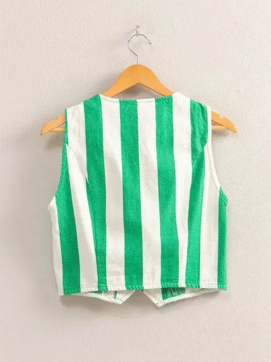 HYFVE Green Ivy Striped V-Neck Button Down Vest-Women's Shirts & Tops-Shop Z & Joxa