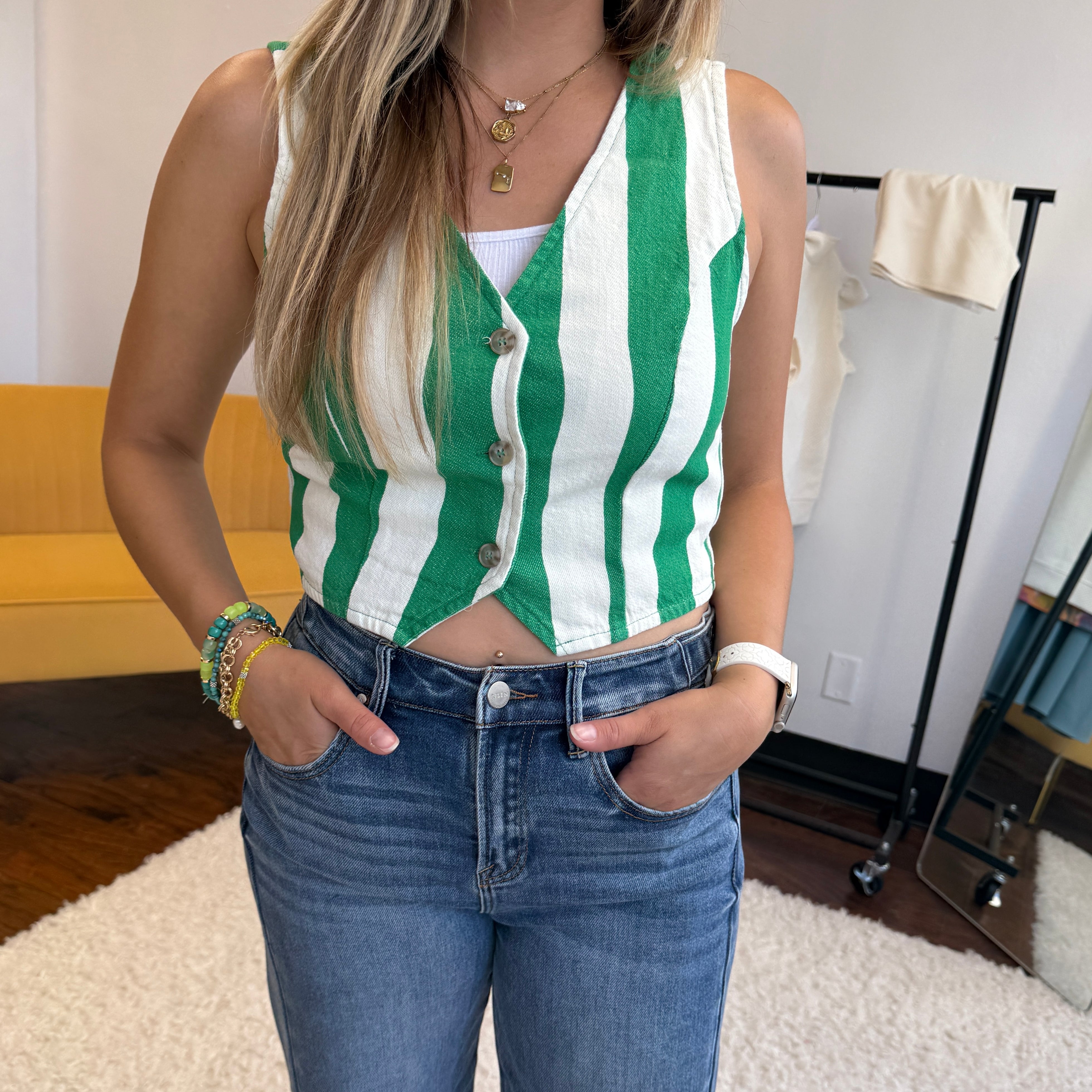 HYFVE Green Ivy Striped V-Neck Button Down Vest-Women's Shirts & Tops-Shop Z & Joxa