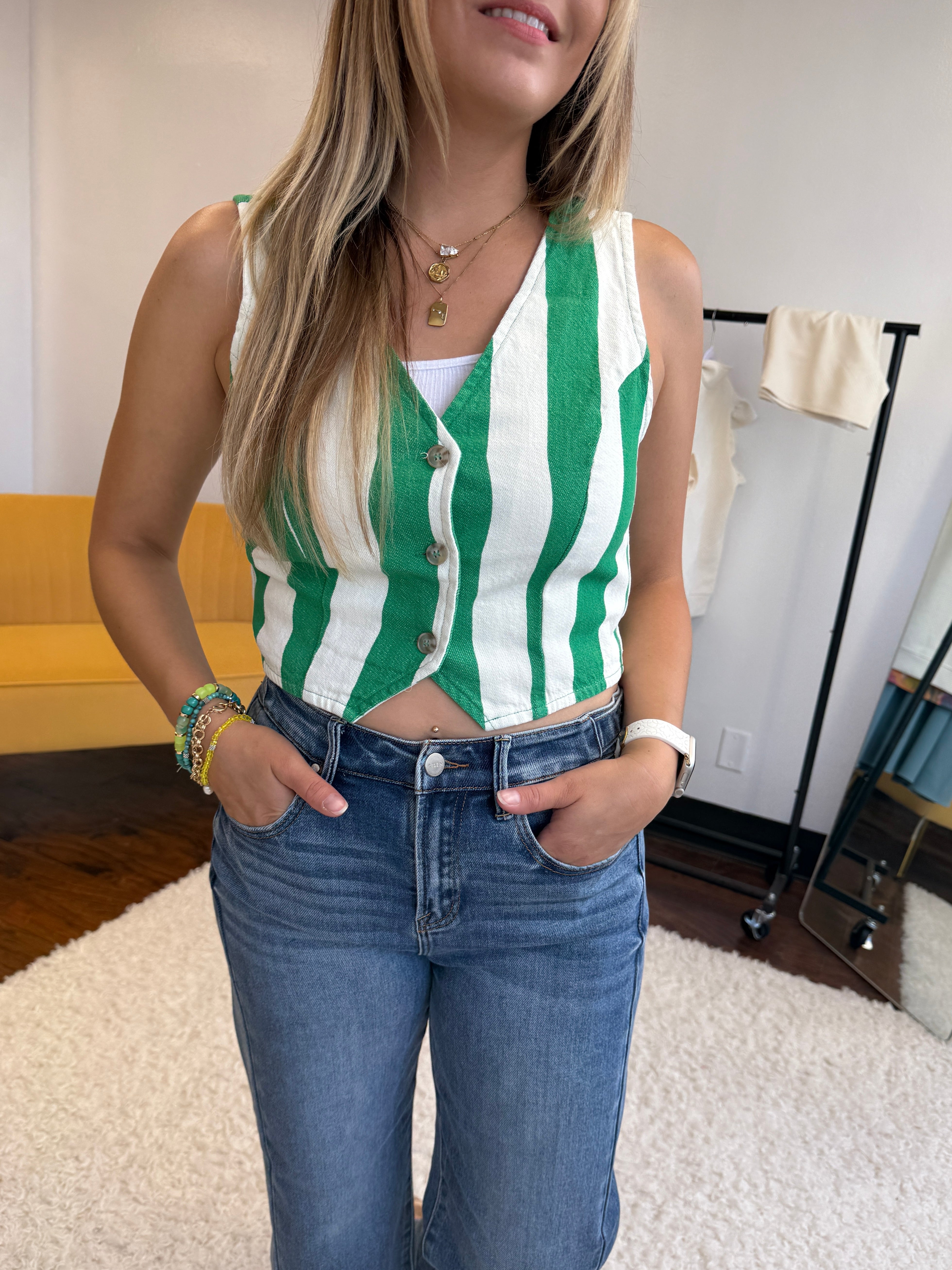 HYFVE Green Ivy Striped V-Neck Button Down Vest-Women's Shirts & Tops-Shop Z & Joxa