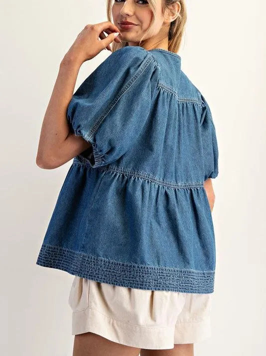 Hello Dolly Baby Doll Medium Wash Puff Denim Top-Women's Shirts & Tops-Shop Z & Joxa