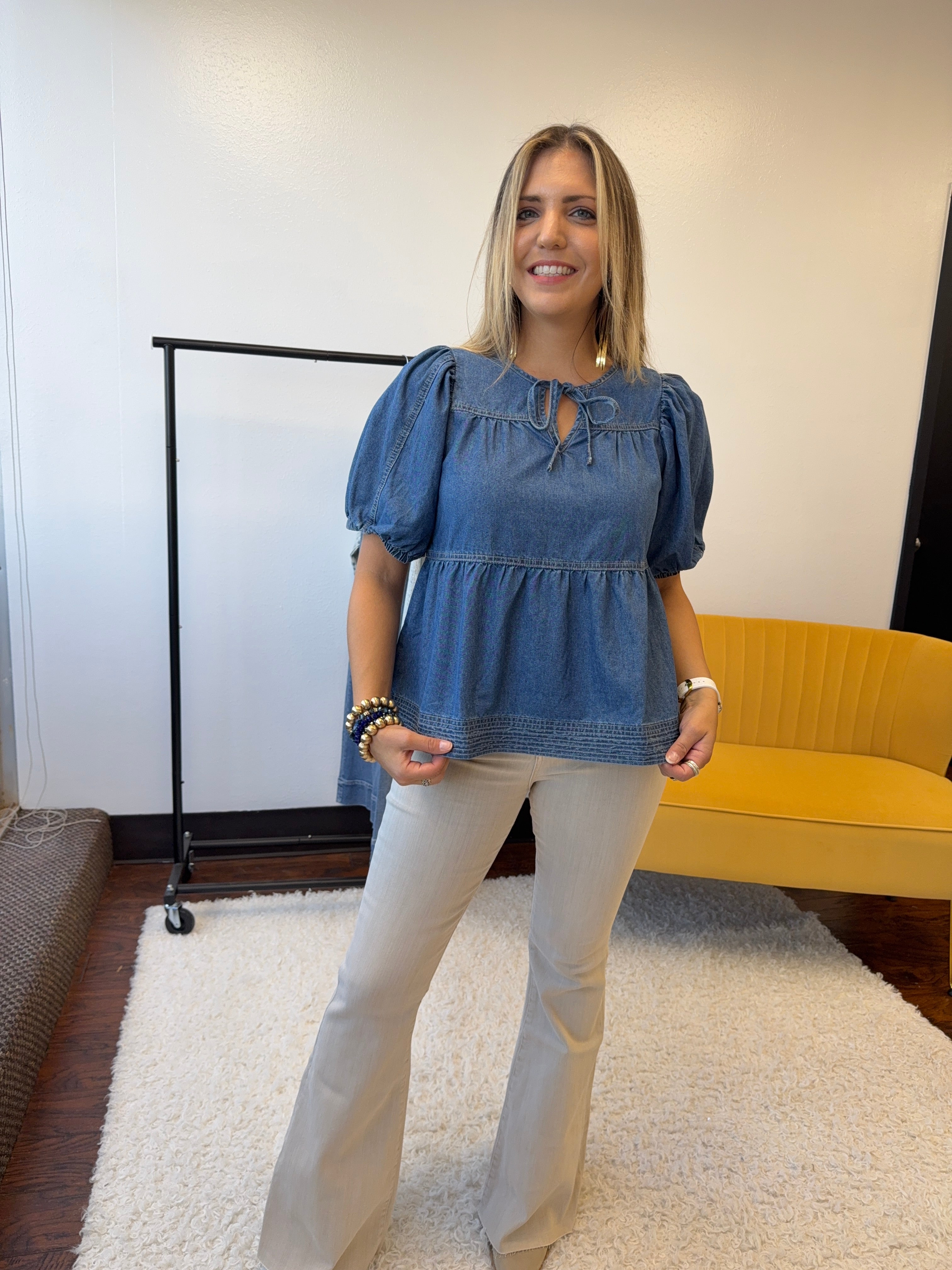 Hello Dolly Baby Doll Medium Wash Puff Denim Top-Women's Shirts & Tops-Shop Z & Joxa