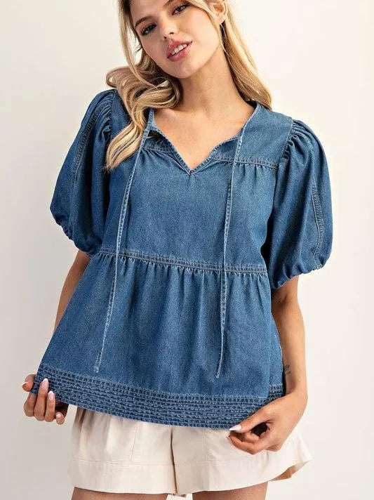 Hello Dolly Baby Doll Medium Wash Puff Denim Top-Women's Shirts & Tops-Shop Z & Joxa
