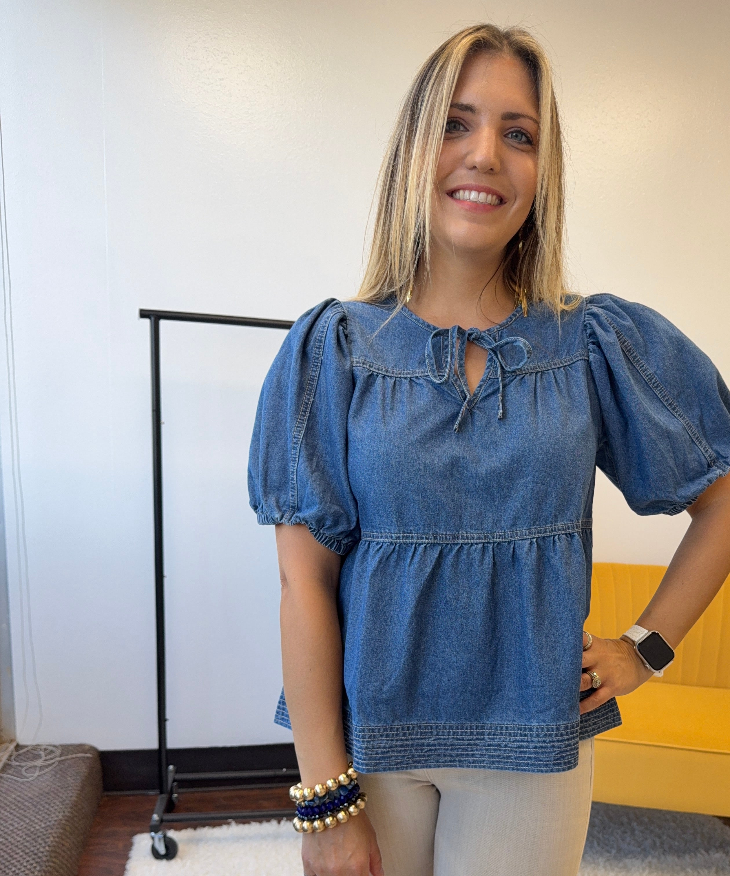 Hello Dolly Baby Doll Medium Wash Puff Denim Top-Women's Shirts & Tops-Shop Z & Joxa