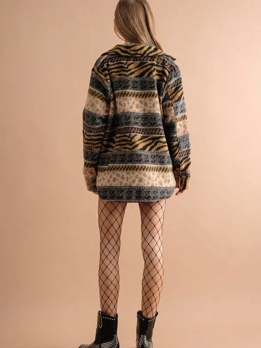 Her Sole is Fierce Animal Print Fleece Shacket-Women's Shirts & Tops-Shop Z & Joxa