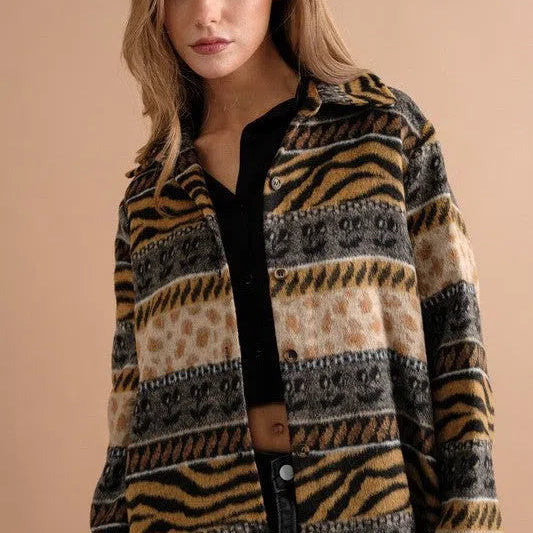 Her Sole is Fierce Animal Print Fleece Shacket-Women's Shirts & Tops-Shop Z & Joxa
