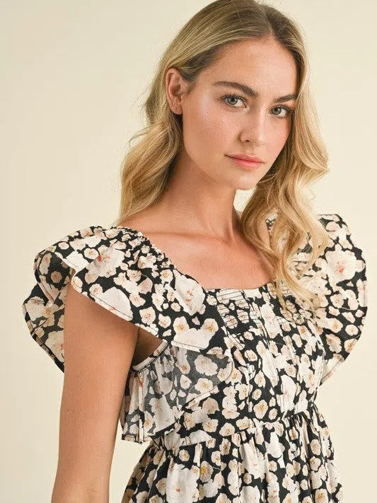 Her Vibe is Pretty Floral Ruffled Flutter Sleeve Mini Dress-Women's Dresses-Shop Z & Joxa