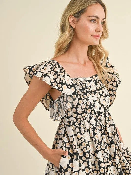 Her Vibe is Pretty Floral Ruffled Flutter Sleeve Mini Dress-Women's Dresses-Shop Z & Joxa
