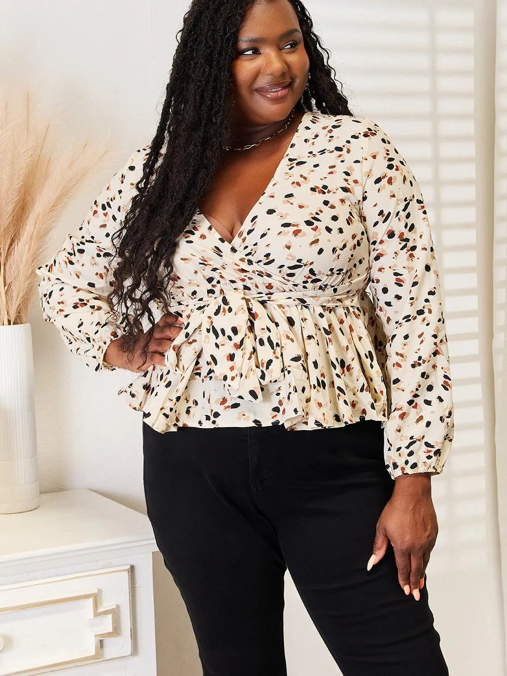 Honey Flirt Factor Printed and tied Tied Plunge Peplum Blouse-Women's Shirts & Tops-Shop Z & Joxa