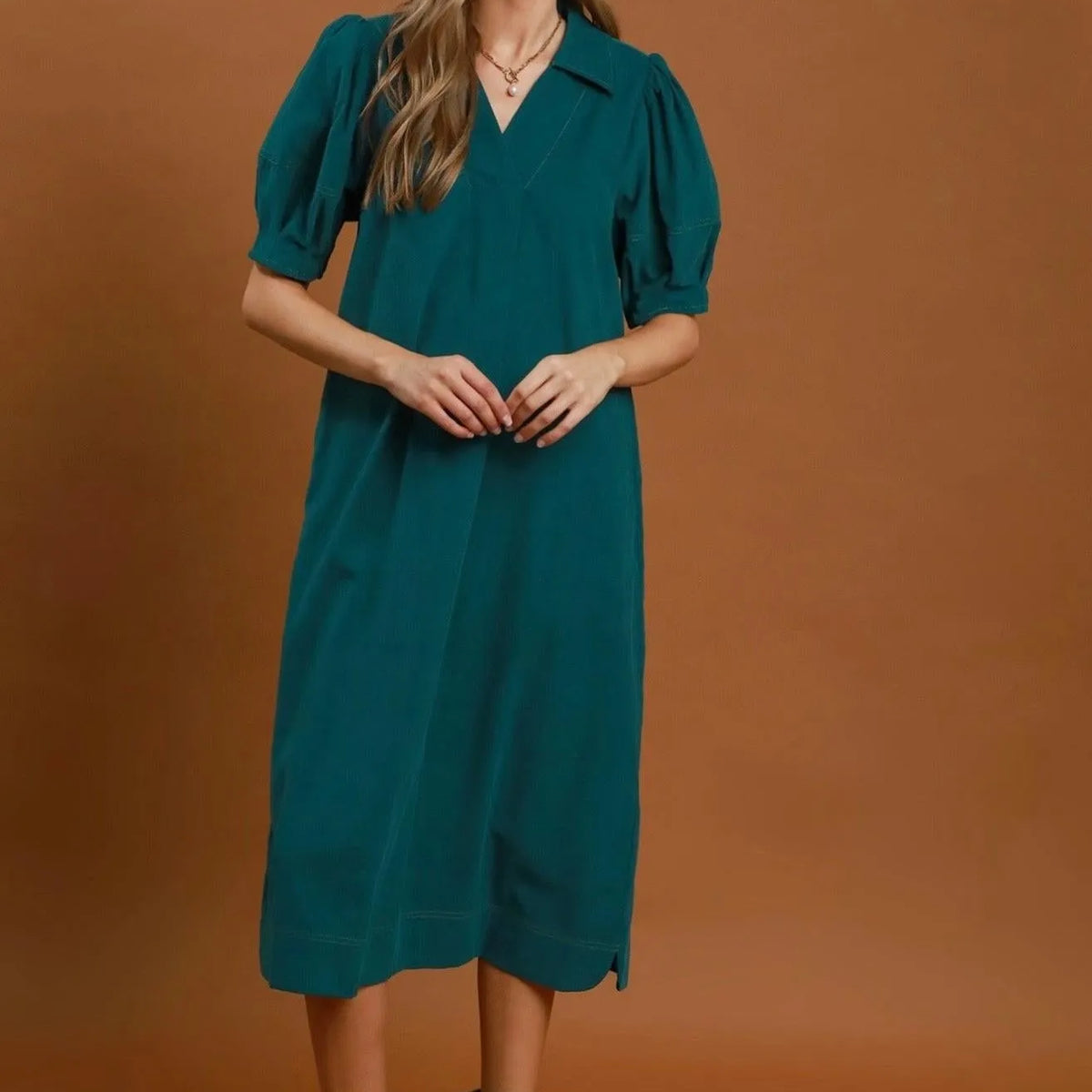 Howdy Honey Teal Puff Sleeve Midi Dress-Women's Dresses-Shop Z & Joxa
