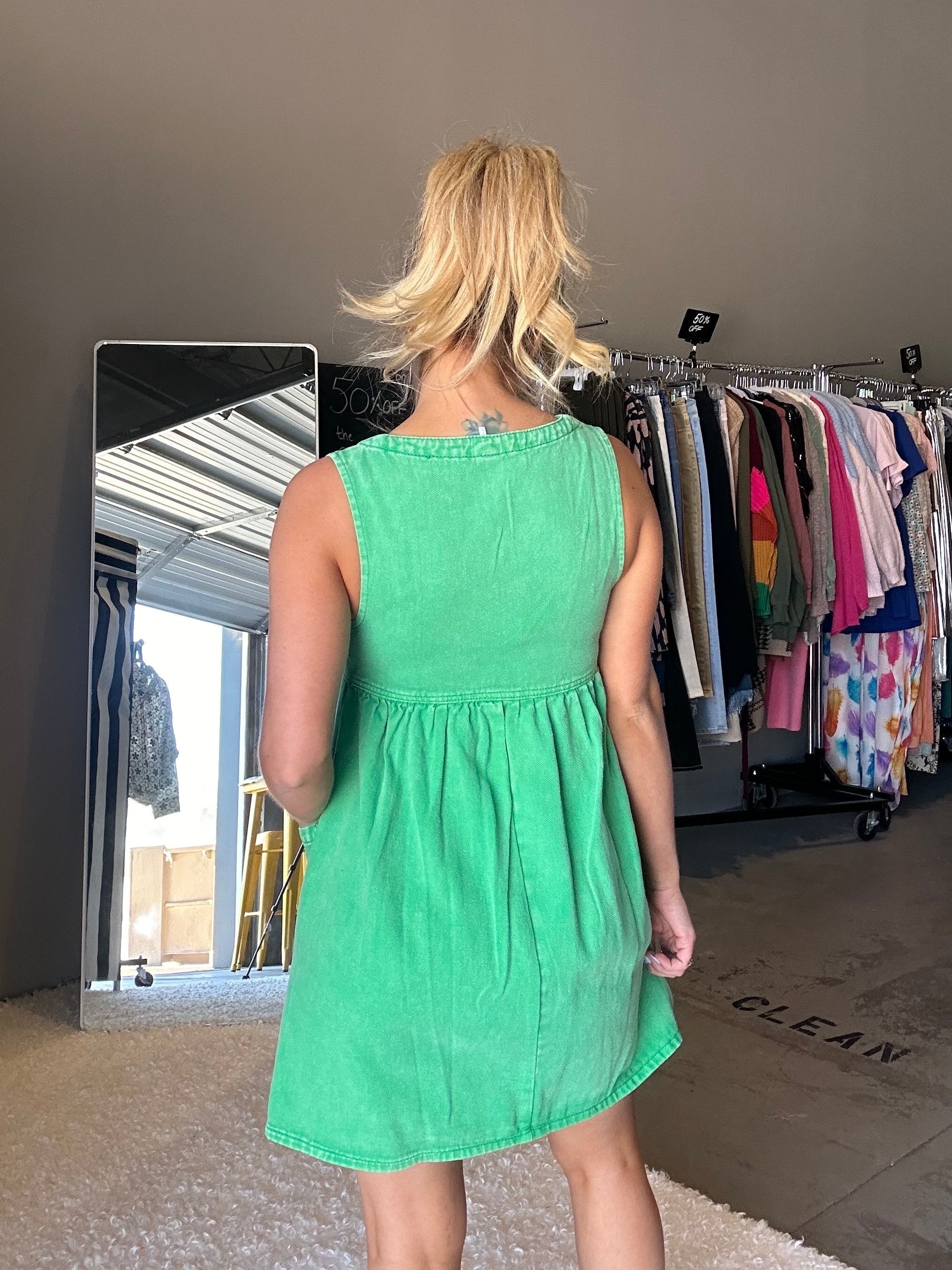 If You Can Dream It You Can Do It Washed Green Denim Dress-Women's Dresses-Shop Z & Joxa