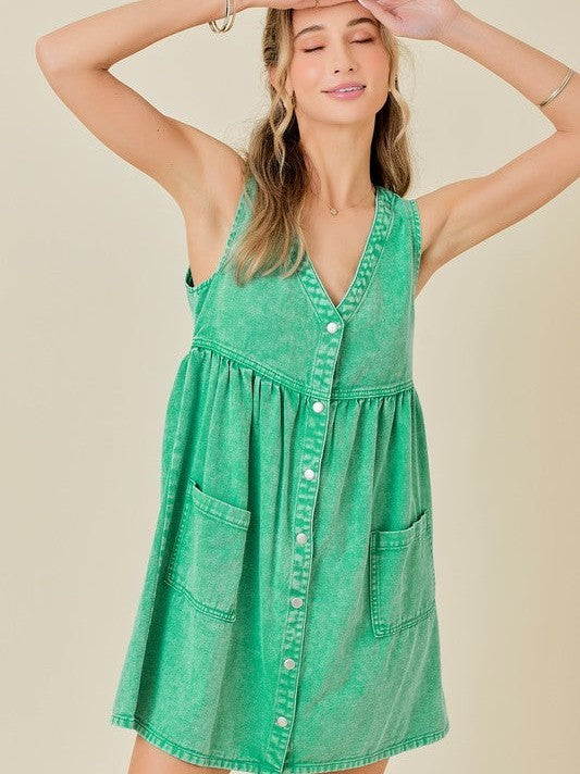 If You Can Dream It You Can Do It Washed Green Denim Dress-Women's Dresses-Shop Z & Joxa