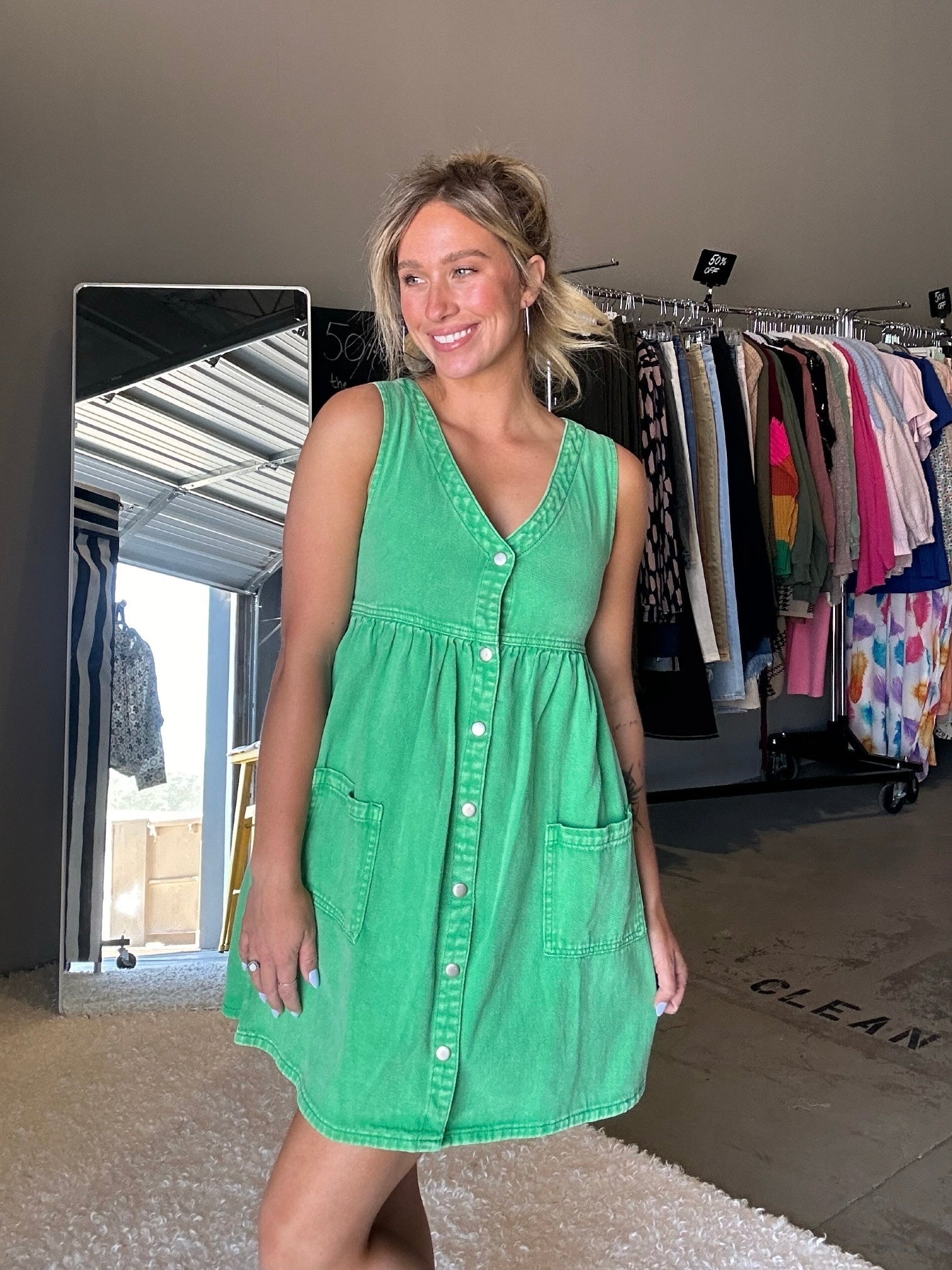 If You Can Dream It You Can Do It Washed Green Denim Dress-Women's Dresses-Shop Z & Joxa