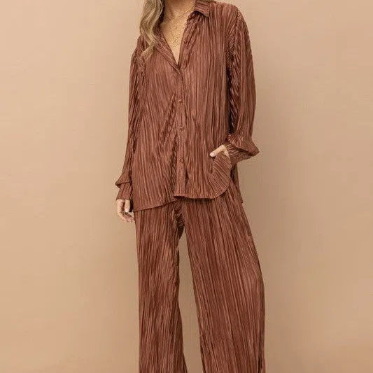 Irresistible Mini Pleat Lounge Set in Brown-Women's Sets-Shop Z & Joxa