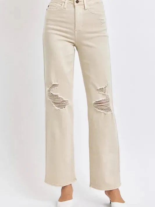 Judy Blue Bone Voyage High Rise Distressed Wide Leg Jeans-Women's Jeans-Shop Z & Joxa