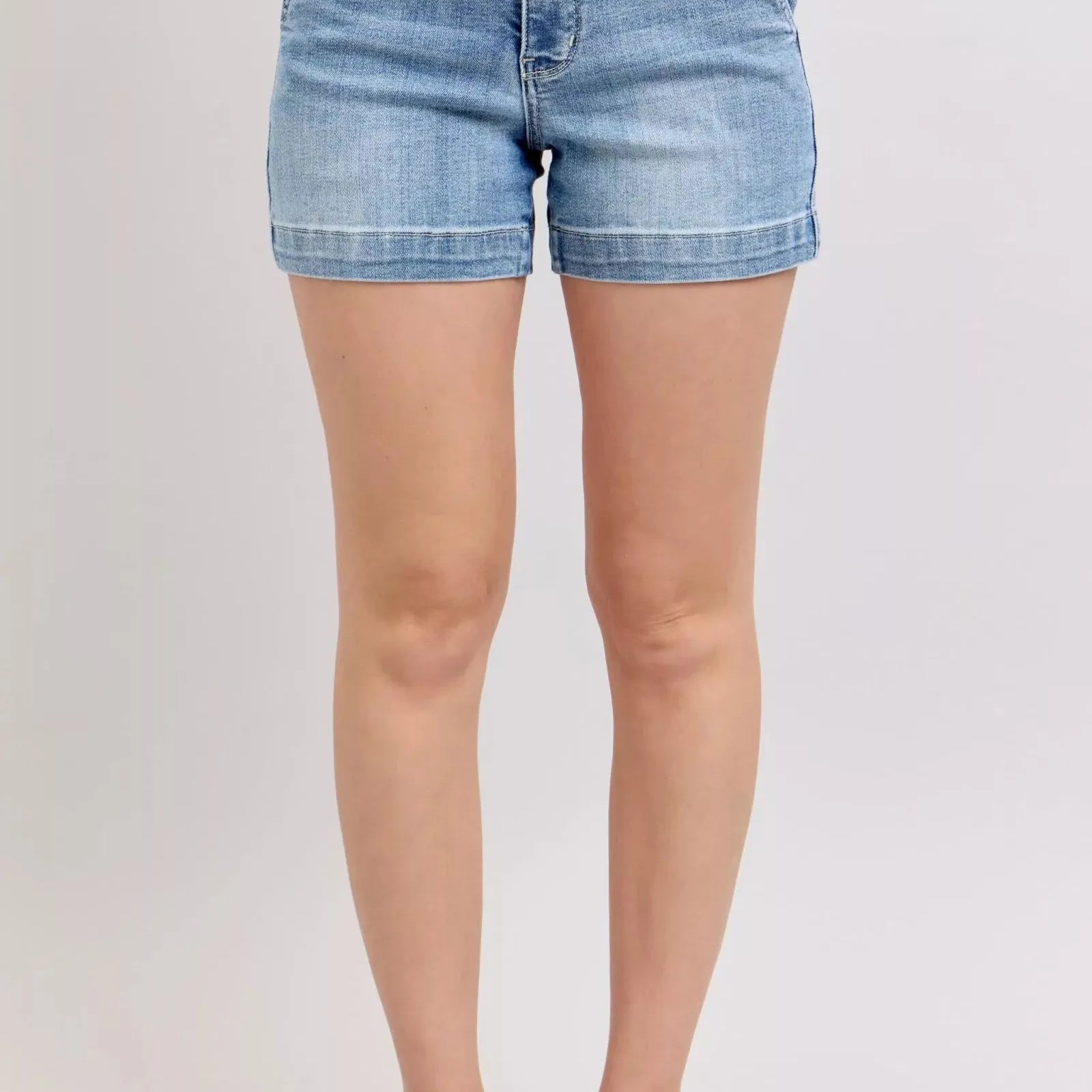 Judy Blue Denim Dash Mid Rise Denim Shorts in Medium Stone-Women's Jeans-Shop Z & Joxa