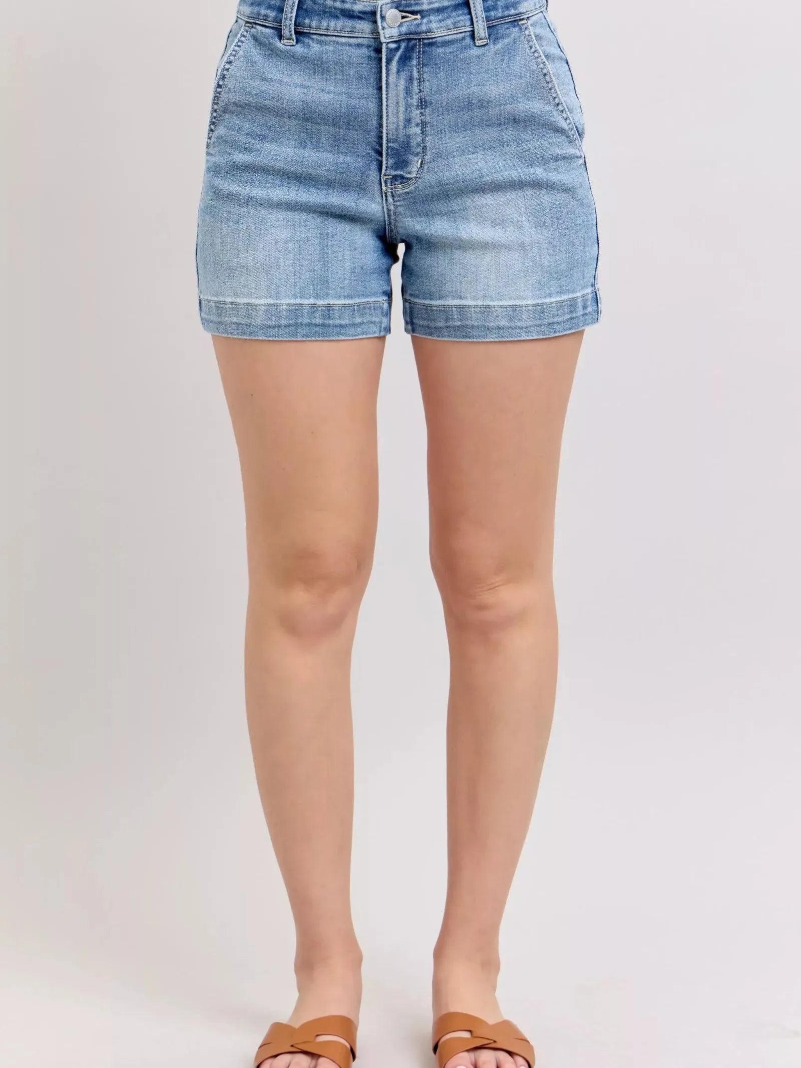 Judy Blue Denim Dash Mid Rise Denim Shorts in Medium Stone-Women's Jeans-Shop Z & Joxa