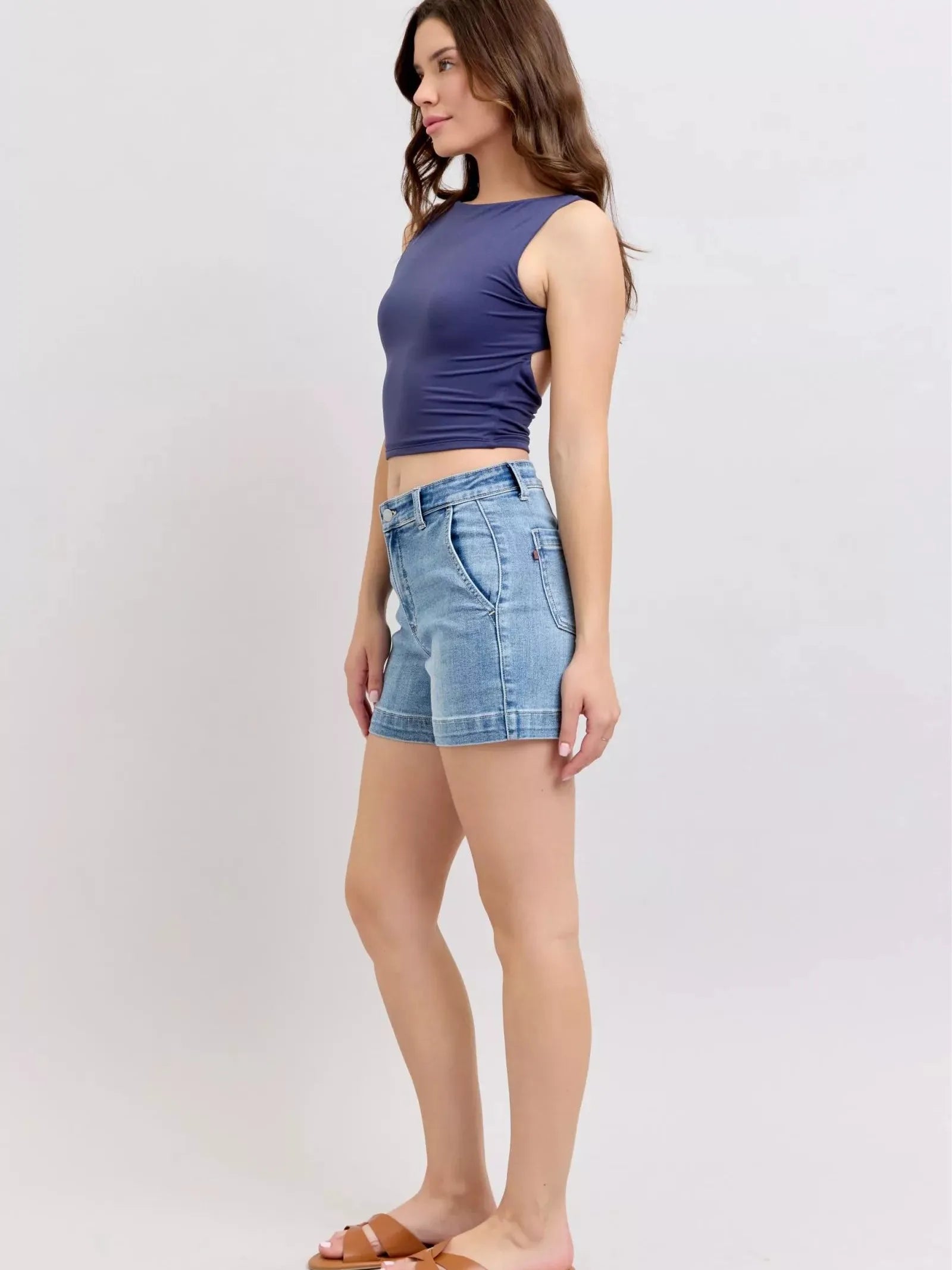 Judy Blue Denim Dash Mid Rise Denim Shorts in Medium Stone-Women's Jeans-Shop Z & Joxa