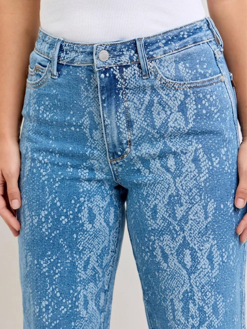 Judy Blue Denim Snake Print High Rise Ankle Wide Leg Jeans-Women's Jeans-Shop Z & Joxa