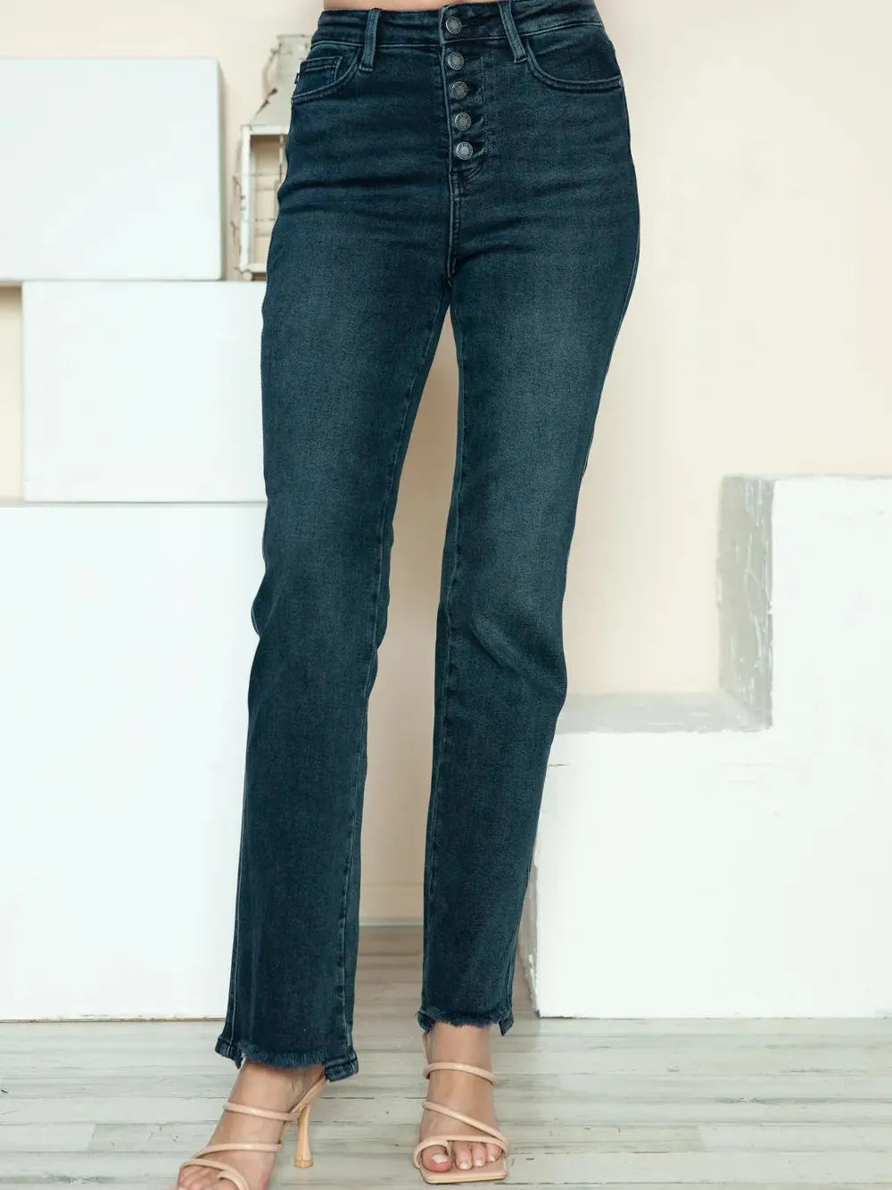 Judy Blue Distress and Impress Destroyed Hem Straight Jeans-Jeans-Shop Z & Joxa