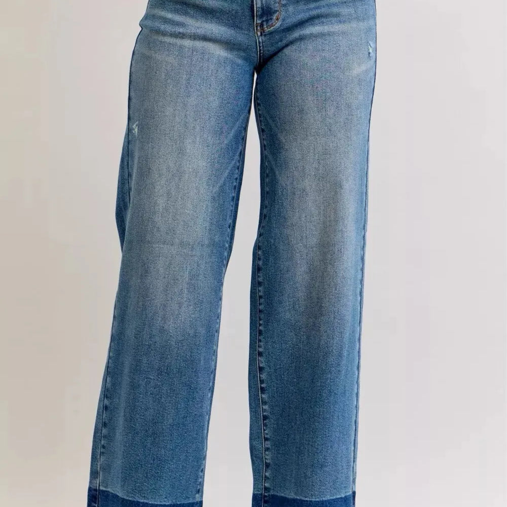 Judy Blue Edge Appeal 2 Tone Raw Hem High Waist Straight Jeans-Women's Jeans-Shop Z & Joxa