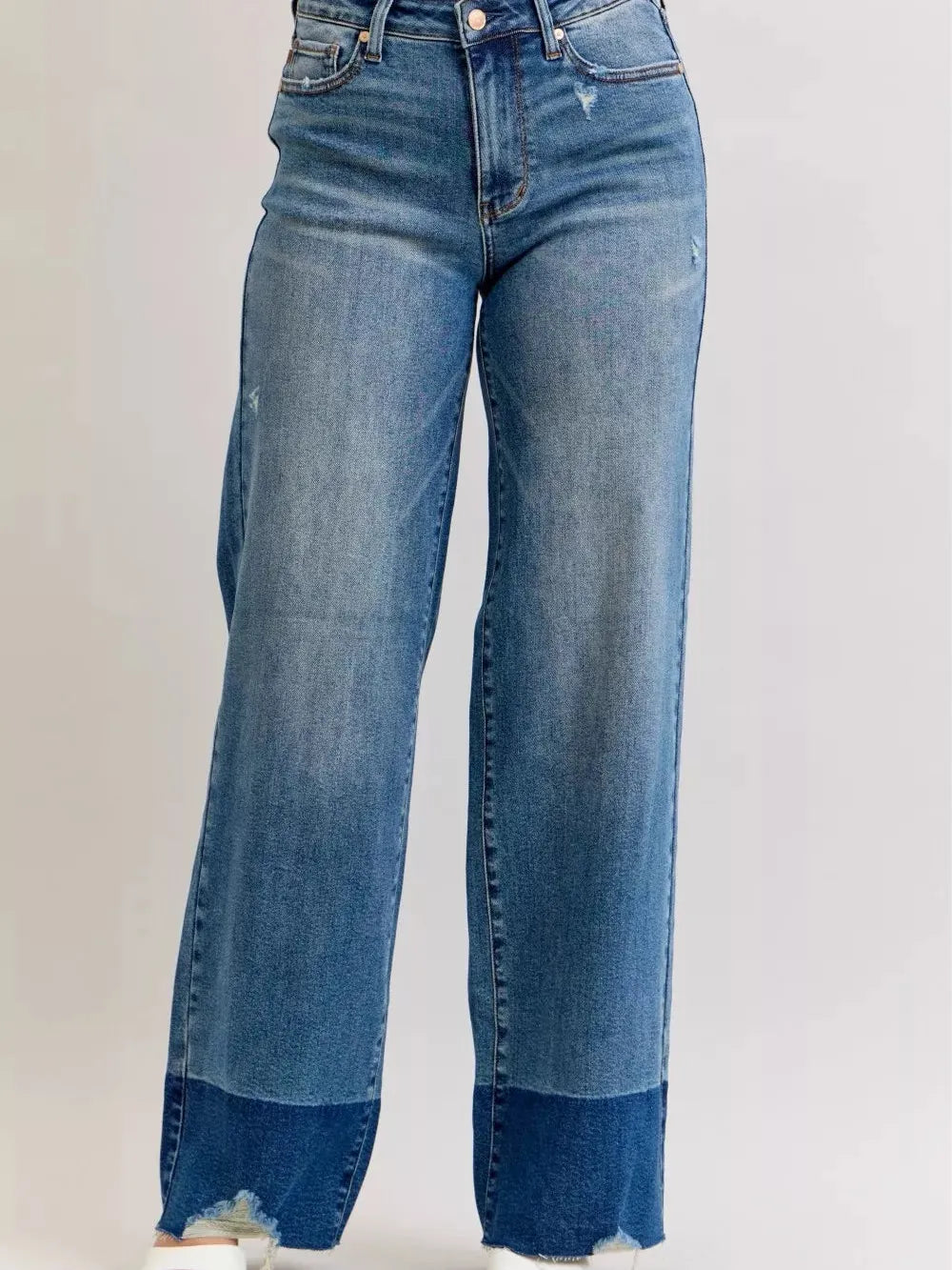 Judy Blue Edge Appeal 2 Tone Raw Hem High Waist Straight Jeans-Women's Jeans-Shop Z & Joxa