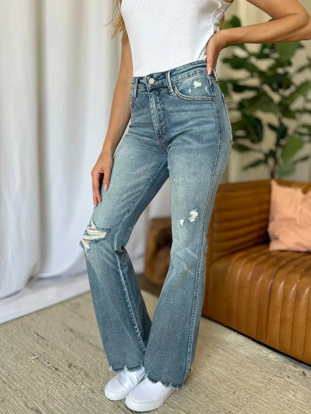 Judy Blue Flare Enough Mid Rise Tummy Control Destroyed Jeans-Women's Jeans-Shop Z & Joxa