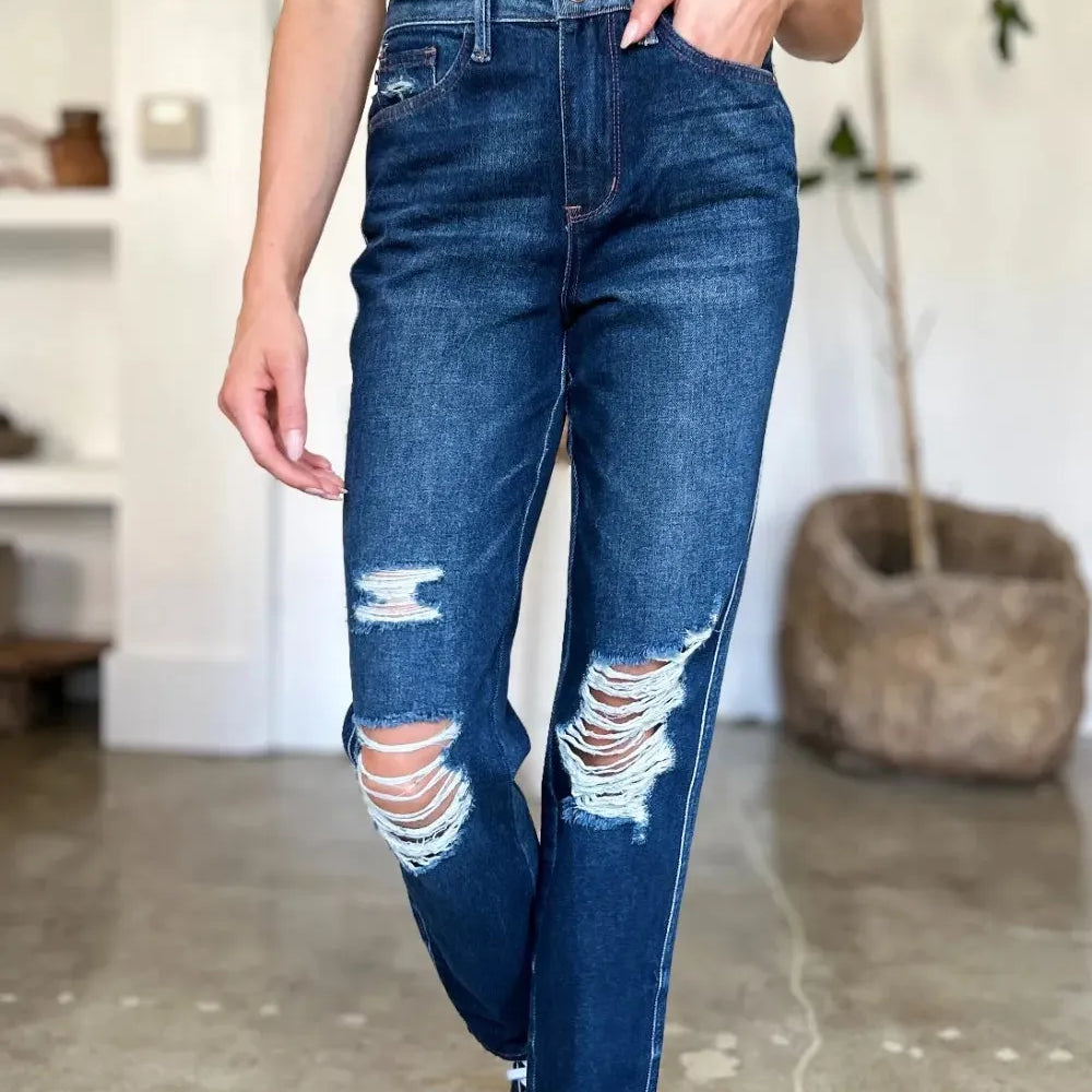 Judy Blue HeartBreaker Distressed High Rise Straight Jeans-Women's Jeans-Shop Z & Joxa